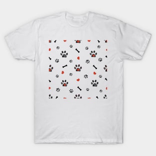 Doodle black paw prints, bone with red heart T-Shirt